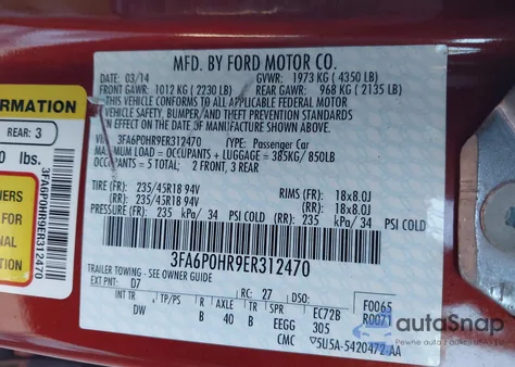 2014 Ford Fusion Se из США, поврежденный, VIN 3FA6P0HR9ER312470